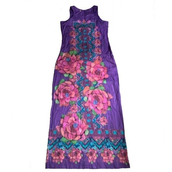 Agua Bendita Colorful Purple & Pink Cactus Floral Maxi Dress Large LIKE NEW - Picture 7 of 16